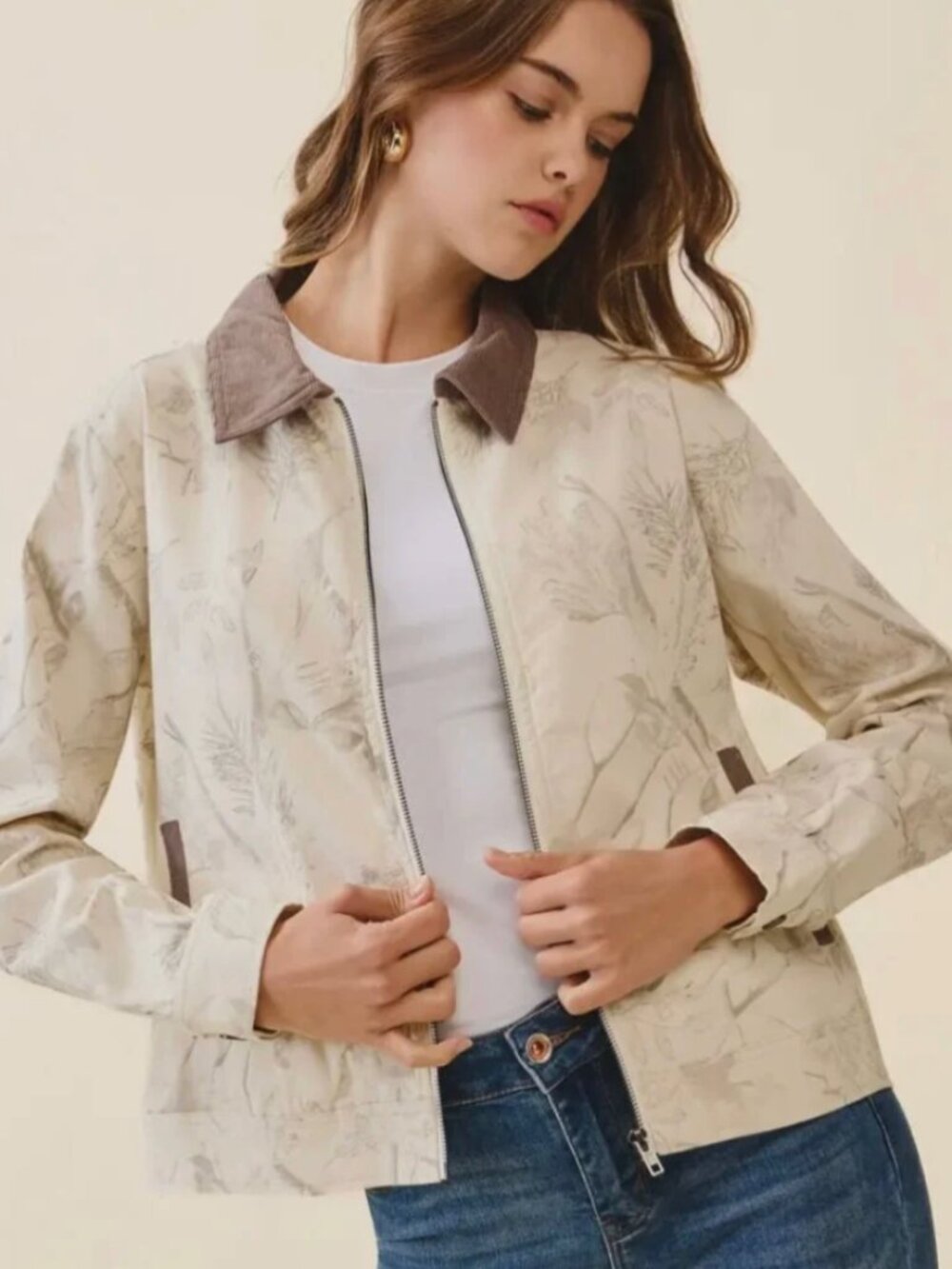 NWOT Floral Print Corduroy Detail Jacket Sz M
